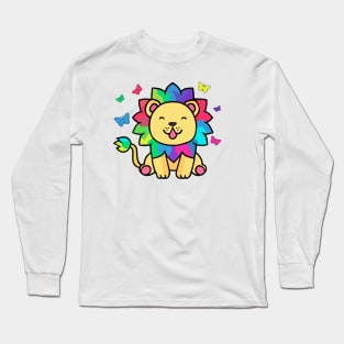 Happy smiling lion with butterflies. Kawaii cartoon Long Sleeve T-Shirt